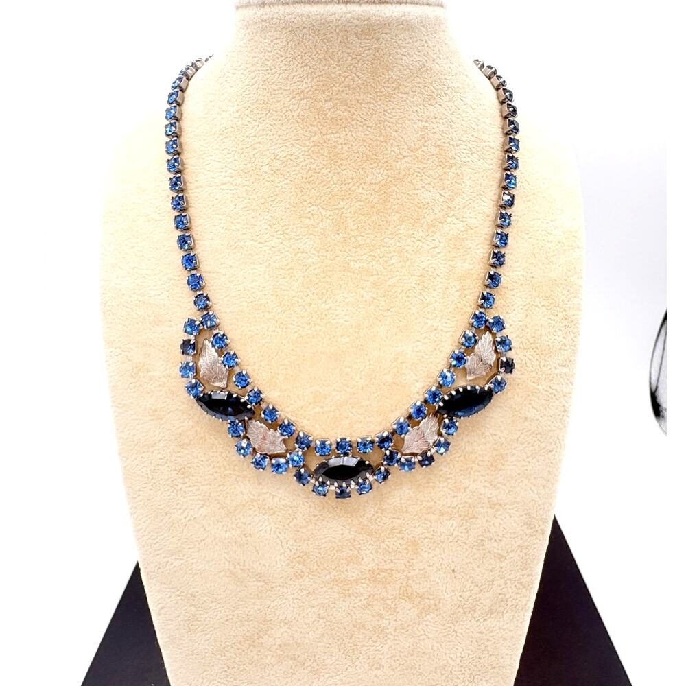 Vintage Blue Topaz and Sapphire Rhinestone Necklace w Silver Tone Leaf Accents